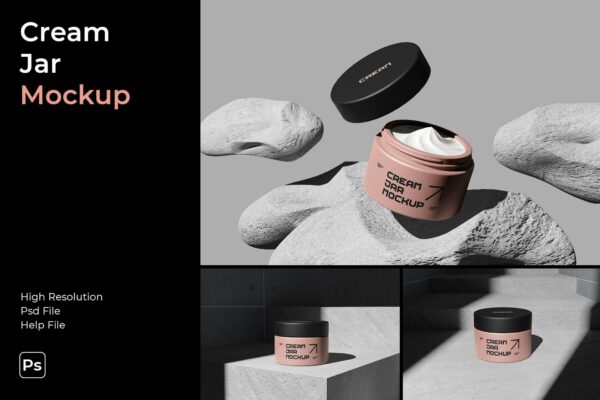 3款现代极简护肤品面霜面膜塑料罐包装PSD样机Cream Jar Mockup