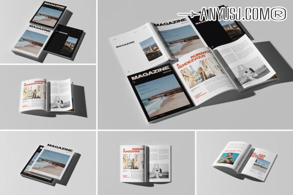 7款极简质感A4杂志书籍画册封面内页多角度设计展示PSD样机A4 Magazine Mockup