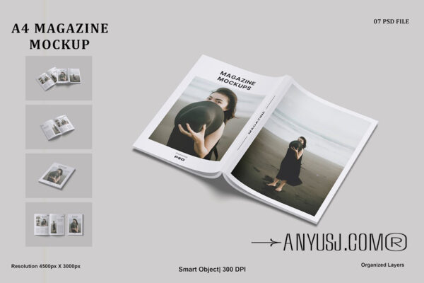 7款现代极简杂志书籍画册封面内页设计展示PSD样机A4 Magazine Mockup
