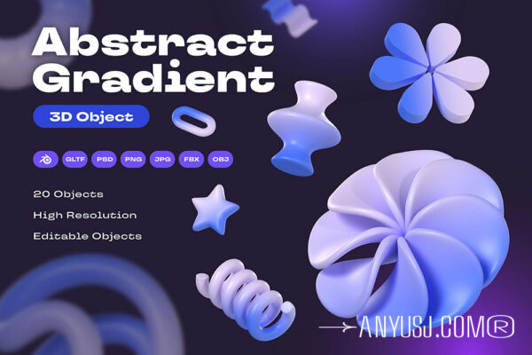 20款3D立体蓝色抽象几何艺术渐变图形插画插图PNG免扣元素模型套装Abstract Gradient 3D Object