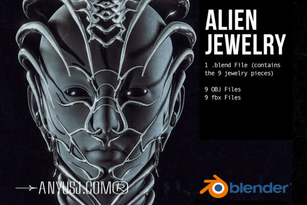 9款Y2K美学未来科幻外星人3D珠宝头饰Blender模型套装（不带HDRI）Alien Jewelry-第6382期-