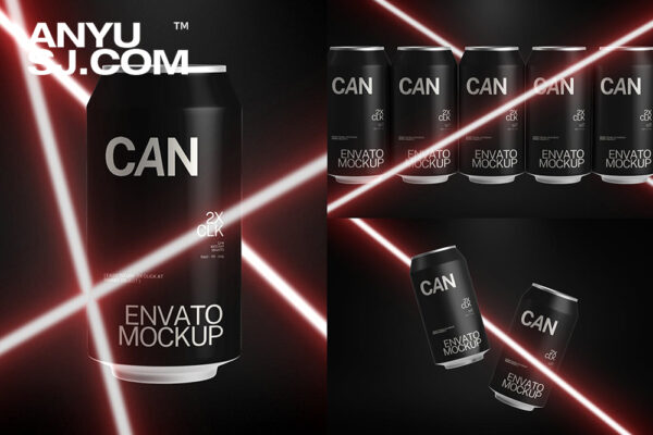 3款现代激光易拉罐可乐罐铝罐饮料罐汽水罐PSD样机Can Mockup | Laser light