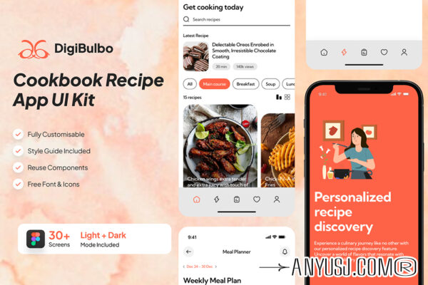 现代极简烹饪食谱膳食计划餐厅咖啡店电子商务APP移动小程序应用UI设计套件Cook Book – Recipe App UI Kit