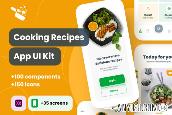 现代极简烹饪食谱餐厅咖啡店电子商务APP移动小程序应用UI设计套件Cooki UI Kit design for Adobe XD