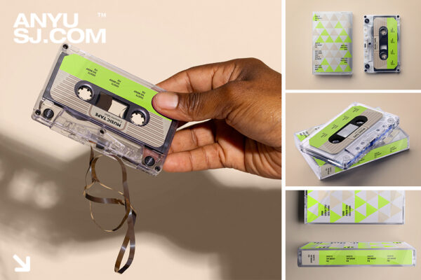 4款极简复古磁带唱片专辑塑料包装盒设计展示PSD样机ENV Cassette PSD