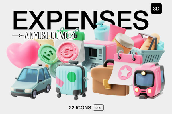 22款趣味3D立体卡通金融汽车生活物品PNG免扣插画icon图标图片设计套装Expenses 3D Icons-第6314期-
