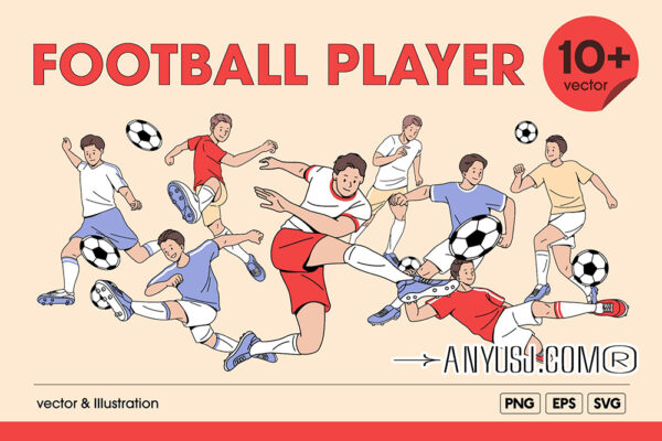 10款手绘足球运动员人物动作AI矢量插画集Football soccer player illustration