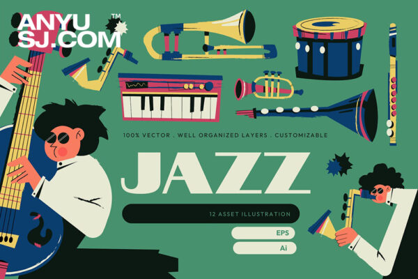 12款复古趣味手绘演出演奏演唱会爵士乐乐器AI矢量插画插图集Green Flat Design Jazz Illustration Set