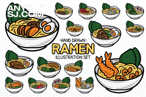16款手绘日式拉面面条食物AI矢量插画插图PNG免扣套装Hand Drawn Ramen Set