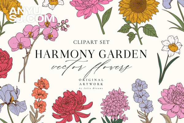 15款优雅精美手绘花朵花卉植物AI矢量插画插图Harmony Garden Flowers SVG Clipart Set