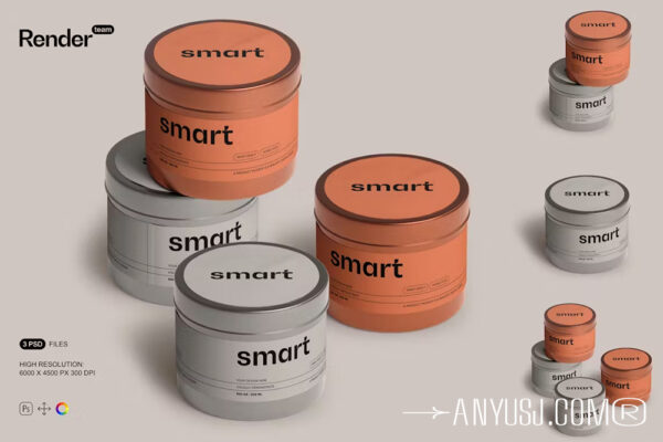 3款质感圆形金属锡罐密封收纳罐产品包装设计效果图PSD样机套装Metal Tin Jar Mockup Set