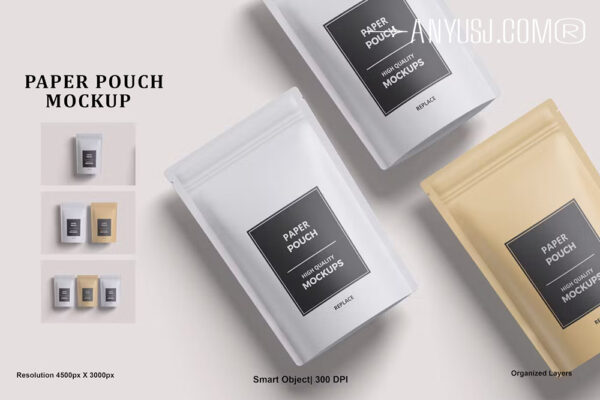 4款极简包装袋纸袋自封袋食品包装设计展示PSD样机Paper Pouch Mockup