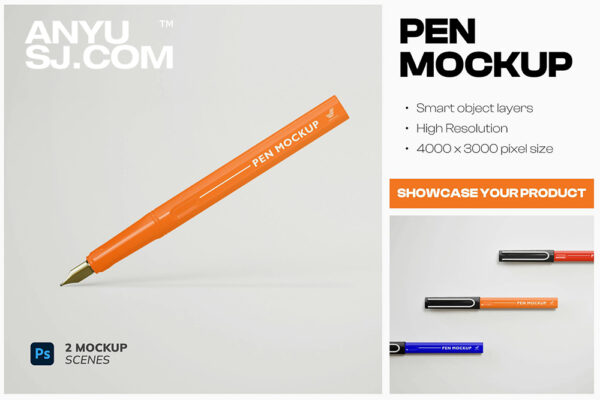 2款极简艺术钢笔文创VI品牌PSD样机Pen Mockup