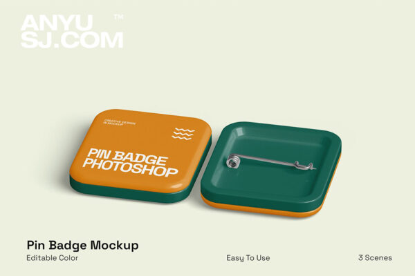 3款精致极简正方形别针徽标徽章logo设计展示PSD样机Pin Badge Mockup