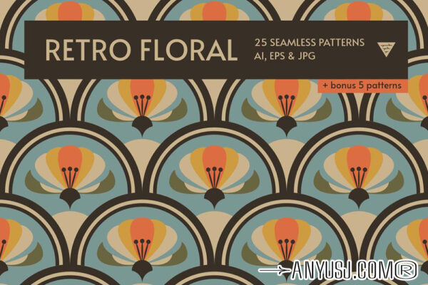 30款复古中世纪美学艺术花卉花朵鱼鳞几何抽象壁纸背景AI矢量图形图案设计套装RETRO FLORAL SEAMLESS PATTERNS