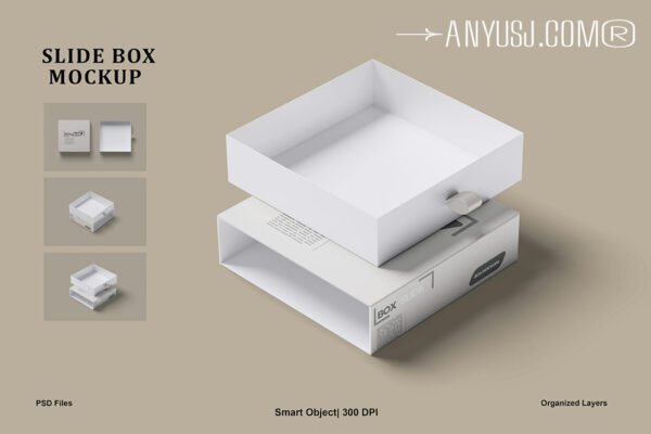 3款极简纸盒包装盒礼品盒抽拉盒抽屉盒PSD样机Slide Box Mockup