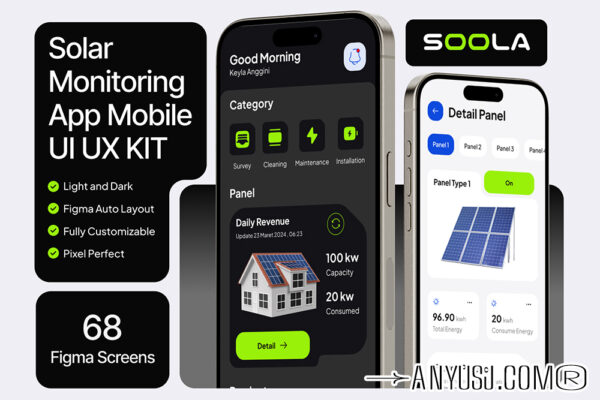 现代极简太阳能电费水费管理移动应用程序APP布局UI设计Figam页面套件Soola – Solar Management Mobile App UI KIT