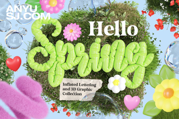 120+趣味Y2K春季立春3D立体英文标题充气膨胀花卉花朵草地绿植水滴气泡PNG免扣元素设计套装Hello Spring – 3D Lettering Set-第6228期-