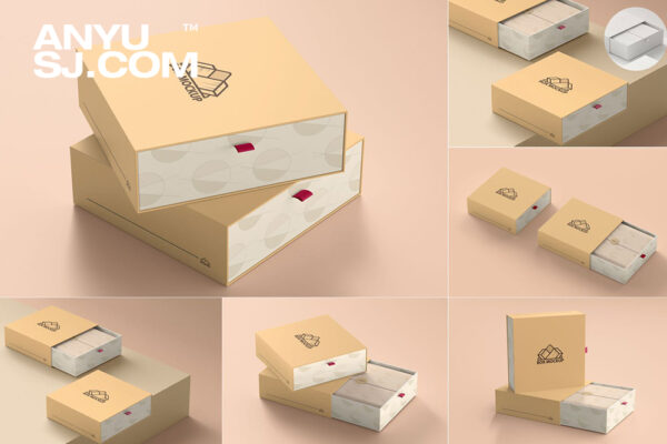 5款极简正方形抽屉盒纸盒包装盒礼品盒PSD样机Square Gift Box Mockups
