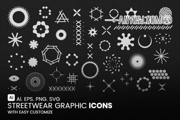 42款抽象几何朋克赛博logo图标图形设计套装Streetwear Graphic Icons