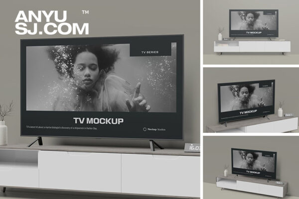 4款极简客厅场景电视机显示器屏幕设计展示PSD样机TV Mockup