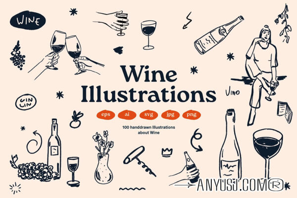 100款涂鸦趣味手绘葡萄酒红酒品牌插画插图AI矢量图形设计套装Wine vector Illustrations-第6364期-