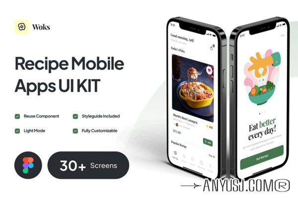 30+极简现代干净整洁烹饪食谱餐厅咖啡馆下单点餐点单结账APP移动应用小程序UI设计套件Woks – Recipe Mobile App UI Kit