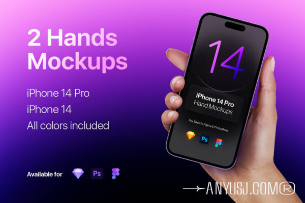 2款极简手持iPhone 14苹果手机UI屏幕界面设计展示PSD样机iPhone 14 Pro & iPhone 14 – 2 Hands Mockups