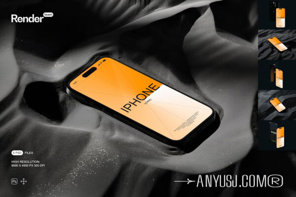 6款现代暗黑IPhone 15手机UI屏幕界面作品广告设计展示PSD样机套装iPhone 15 Pro Mockup Set