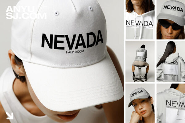 7款现代小众模特摄影潮牌连帽卫衣帽子鸭舌帽logo印花VI设计作品集展示PSD样机Nevada 02 by bendito-第6368期-