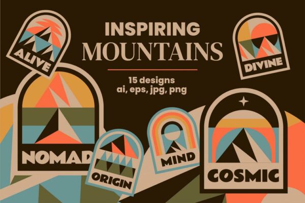 15款70年代复古趣味远足旅游露营户外logo徽标徽章AI矢量设计套装INSPIRING MOUNTAINS BADGES