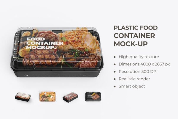 5款极简透明塑料食品外卖盒饭包装盒塑料盒PSD样机PSD Transparent Food Container Mockup