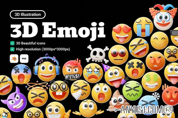 30款3D立体趣味卡通emoji表情包符号插画插图PNG/Blend模型设计套装3D Emoji Collection-第6508期-