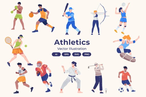 12款田径运动体育项目篮球足球棒球拳击滑板设计运动员AI矢量插画插图设计套装Athletics Collection