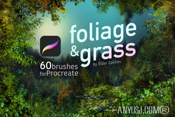 60款逼真自然界植物树木灌木树叶草丛Procreate环境笔刷套装60 Foliage & Grass Procreate brushes-第6528期-