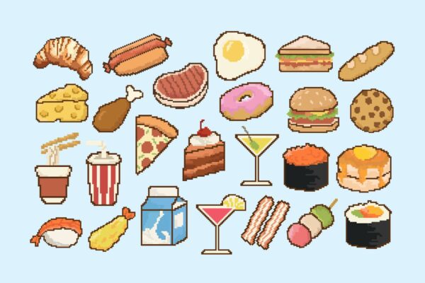趣味复古食物快餐像素风EPS矢量插画插图设计套装Cute Pixel Food Collection