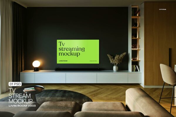 1款室内客厅电视机TV液晶屏幕UI设计展示PSD样机TV Mockup