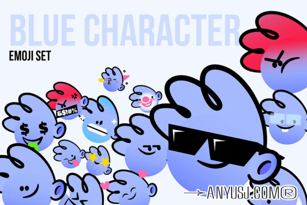 9款趣味卡通蓝色手绘头像表情包商业金融演示AI矢量插画插图设计套装Blue Guy CHaracter Emojis