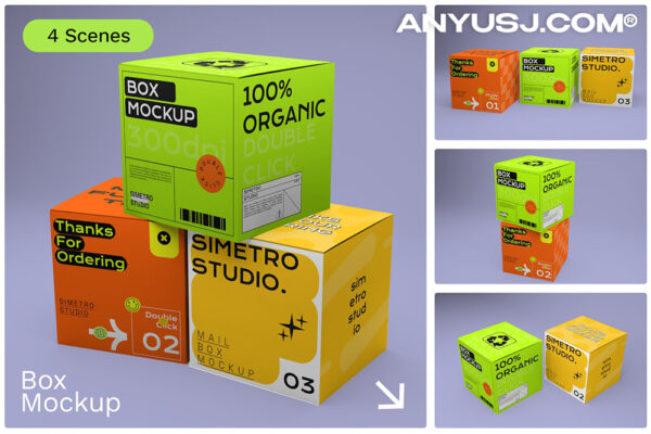 4款纸箱纸盒包装盒快递箱子盲盒PSD样机极简Box Mockup