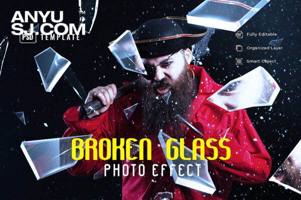 抽象玻璃碎片碎裂破裂飘散折射PSD特效图片后期样机Broken Glass Photo Effect