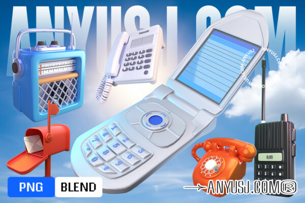 10款3D复古Y2K通信设备翻盖手机电脑对讲机老式电话信箱PNG免扣插画Blender模型设计套装Communication 3D Icon Pack-第6555期-