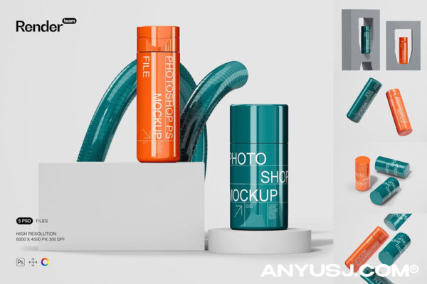 5款极简化妆品护肤品塑料瓶包装瓶设计效果图PSD样机套装Cosmetic Bottle Mockup Set-第6686期-