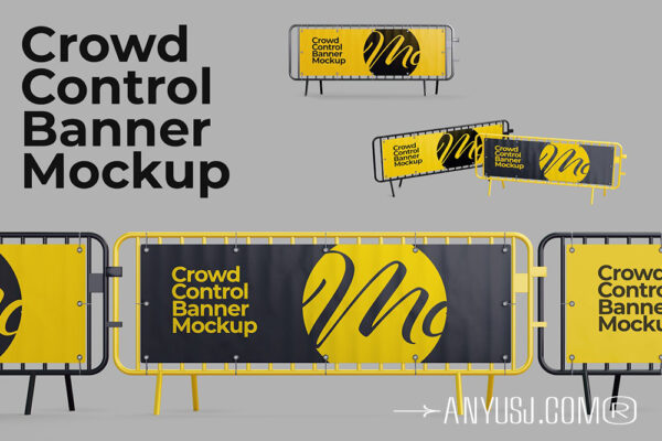 3款极简围栏栅栏广告牌横幅海报设计展示PSD样机Crowd Control Banner Mockup Set
