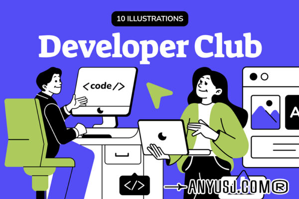 10款趣味手绘UI设计人物工作合作AI矢量插画插图设计套装Developer Club Illustration Pack-第6605期-