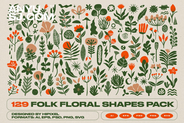 129抽象艺术花朵花卉植物绿植AI矢量插画插图图形设计套装Folk Floral Shapes Pack