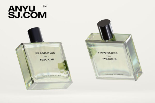 4款极简高档玻璃香水瓶标签包装盒纸盒PSD样机套装Glass Perfume Bottle Mockup-第6557期-