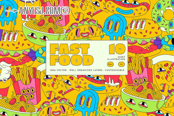 10款趣味手绘卡通拉面薯条汉堡餐饮系列AI矢量插画贴纸插图套装Green Psychedelic Food Illustration Set-第6500期-