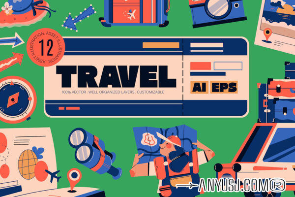 12款趣味手绘旅游旅行度假插画插图AI矢量设计套装Green Travel Asset Illustration