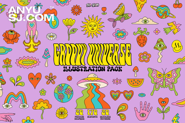 70年代复古迷幻花卉太阳趣味AI矢量图案印花图形logo插画插图设计套装Groovy Universe Illustration Pack-第6595期-