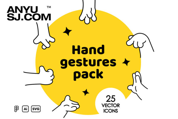 25款现代可爱卡通趣味手势UI界面icon图标AI矢量插画插图设计套装Hand gestures pack – drawn illustrations-第6428期-
